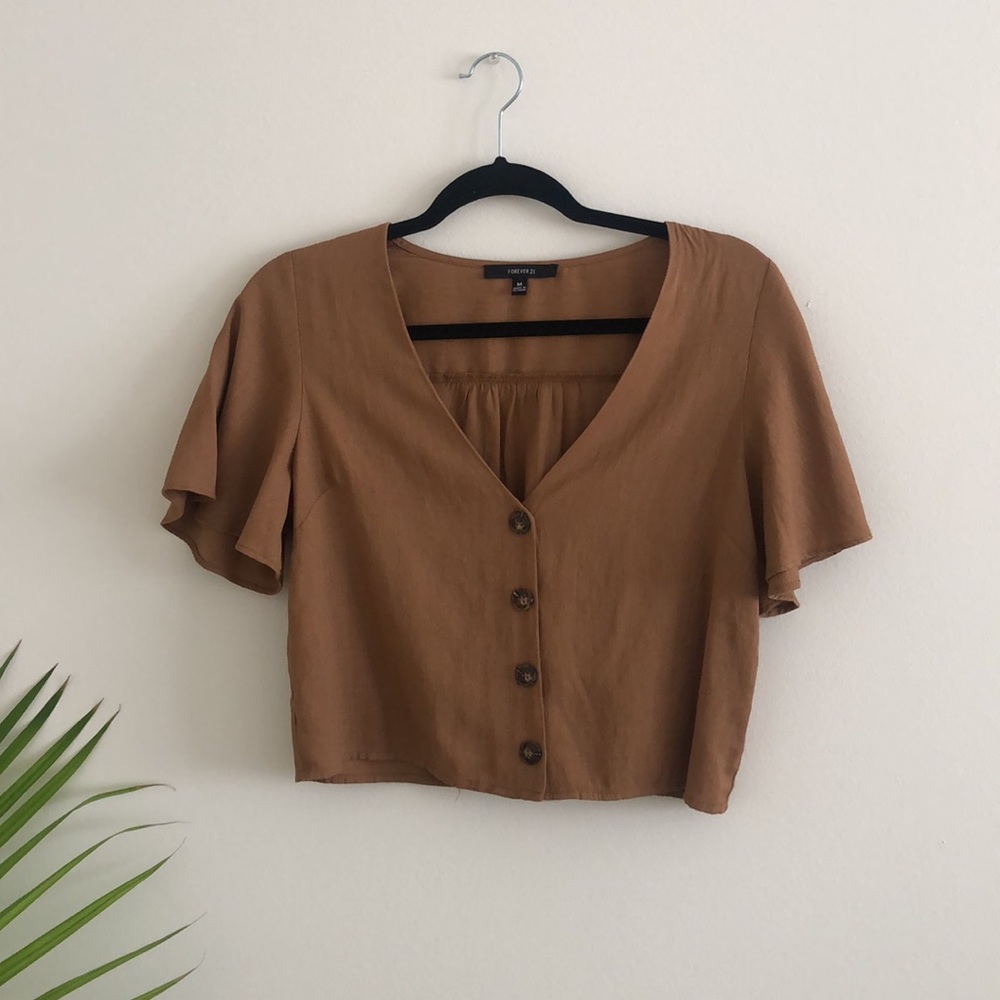Brown Button Cropped Blouse